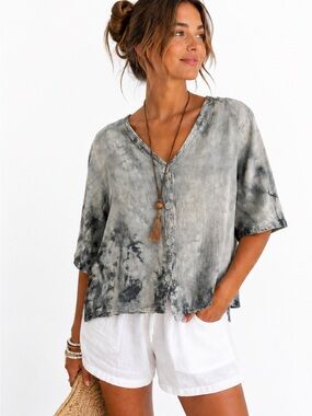 Oh My Gauze Cotton Gauze Tie Dye Blouse Size 1 S/M Grey